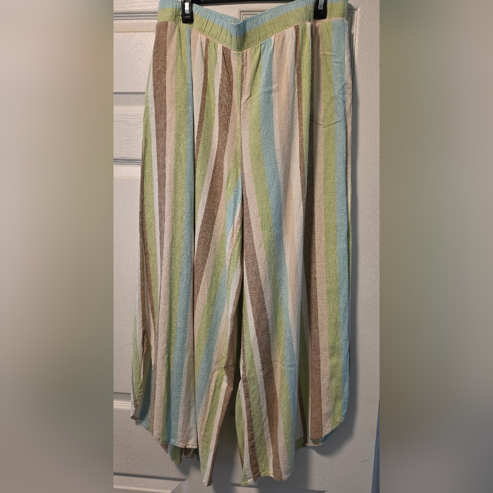Striped Pastel Linen Blend Pants - Pastel Blue Green Taupe